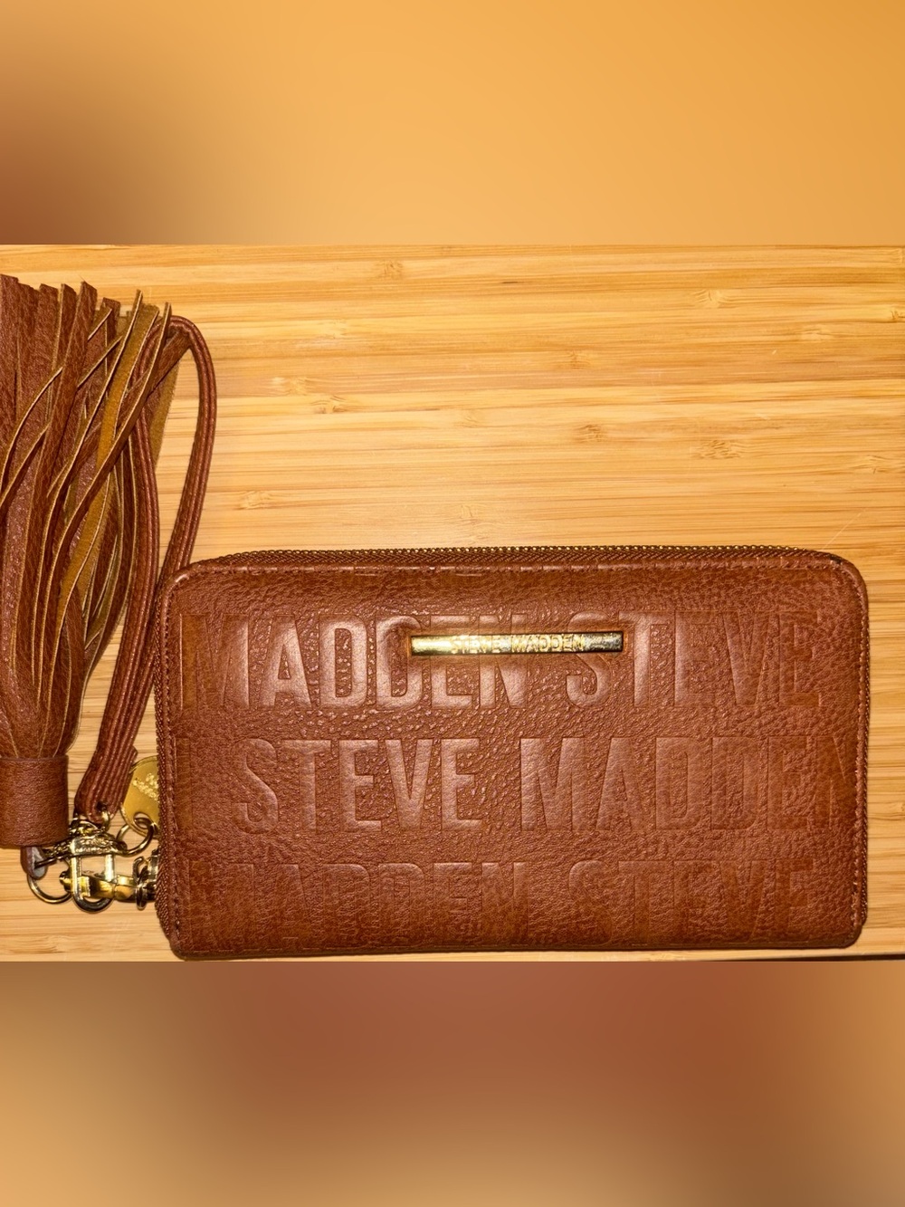 Steve Madden stamped logo zip around wristlet wallet, cognac brown, gold accents